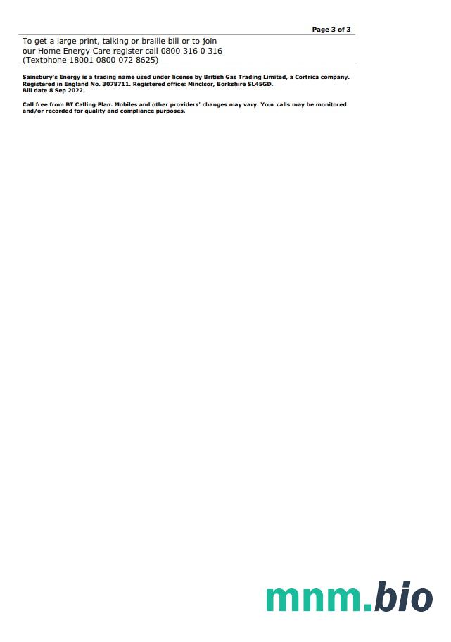 Wielka Brytania Sainsbury' s Energy (British Gas) bill, Word i PDF template, 3 strony 3